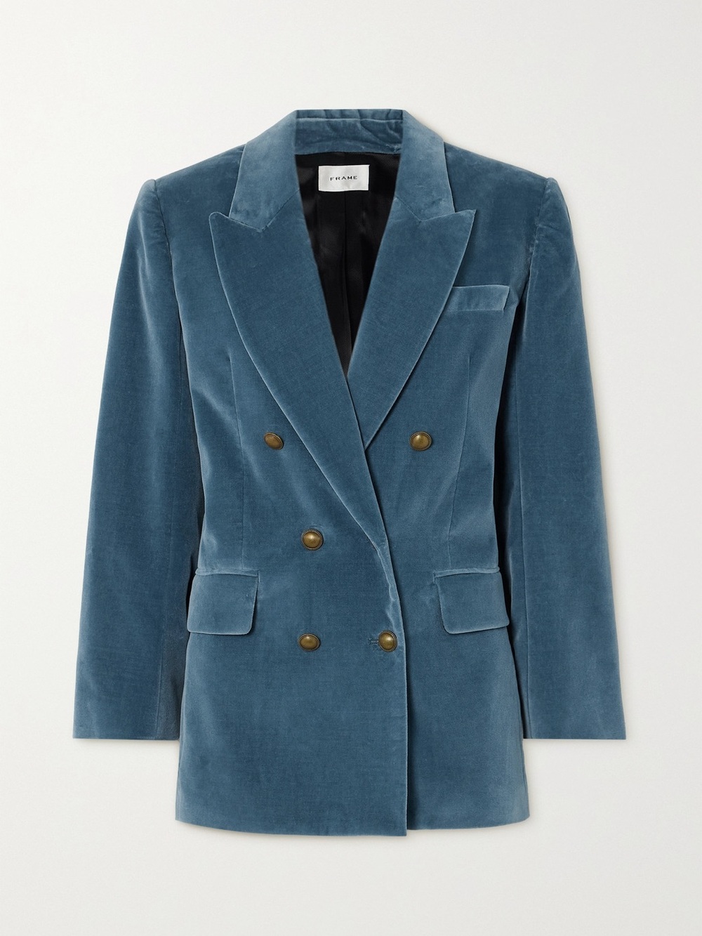 FRAME Double-Breasted Cotton-Blend Velvet Blazer Blue with Gold Accents Size 6